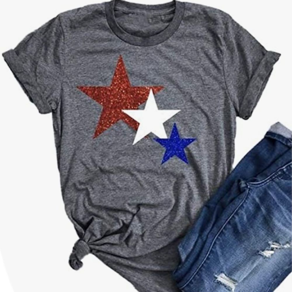 🔸️Gray Patriotic Glitter Stars Short Sleeve Top Medium